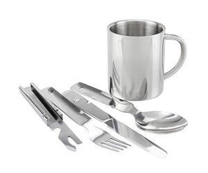 Black Snake Stainless Steel Camping Cutlery Set with Thermal Mug Set of 1, 2 or 4 in BW Style - 1 Person - Set