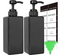 Black Soap Dispenser with Waterproof Labels, Thickened Plastic Hand Soap Dispenser for Bathroom, Kitchen Dish Washing Liquid Bottles, Shampoo and Conditioner Bottles with Funnel (16oz 2Pack Black)