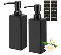 Black Soap Dispensers - 2Pcs 350ml Glass Shampoo & Conditioner Dispenser Square Hand Soap Dispenser with Stainless Steel Pump & Stickers Refillable Shower/Dish Soap Bottle for Kitchen Bathroom Laundry