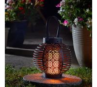 Black Solar Powered Ferrara Lantern With Decorative Cut-Out Design & Flaming Effect - Freestanding Or Hanging Outdoor Garden Light