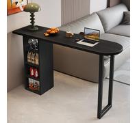 Black Solid Wood Bar Dining Table with Open Storage Shelves, Long Rectangular Coffee Console Table, Creative Rounded Corners, Carbon Steel Base, Modern Design (39.4"x17.7"x41.3")