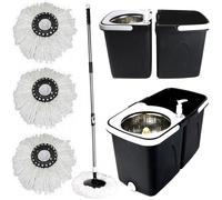 Black Space Saving 360° Rotating Dual Spin Dry Mop & Bucket 3 Microfibre Heads
