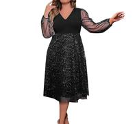Black Sparkly Dress For Women | Sequin Dress Plus Size 24 Evening Dress Sexy Party Dress Elegant Bridesmaid Dresses V Neck Prom Dress Velvet Beaded Swing Dresses Mesh Long Sleeve Cocktail Dresses