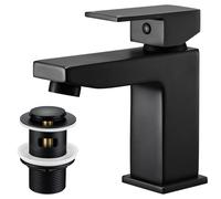 Black Square Basin Taps with Pop Up Waste, Monobloc Bathroom Sink Mixer Tap | Single Lever Basin Mixer Tap, Heavy-Duty Brass Build, Matching Slotted Waste, Fits Cloakroom and Washbasin