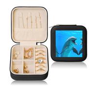 Black Square Leather Jewelry Box - Portable Cute dolphin Print Storage Case for Rings, Earrings, Necklaces & Bracelets