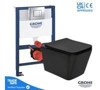 Black Square Wall Hung Toilet Wc Pan With Grohe 0.82M Concealed Cistern Dual Flush Frame - Chrome