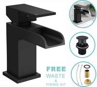 Black Square Waterfall Basin Mixer Tap, Large Cloakroom Sink Mono, Includes Waste