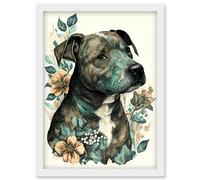 Black Staffordshire Bull Terrier and Flowers Detailed Coloured Pencil Portrait Illustration Artwork Framed Wall Art Print A4 Artery8 White One Size
