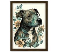 Black Staffordshire Bull Terrier and Flowers Detailed Coloured Pencil Portrait Illustration Artwork Framed Wall Art Print A4 Artery8 Brown One Size