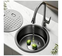 Black Stainless Steel Bar Sink Round with Pull-Out Faucet | Workstation Kitchen Sink with Drainboard, Modern Prep Sink Single Bowl for Kitchen Island Coffee Bar Outdoor Use(36cm)