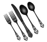 Black Stainless Steel Cutlery Set - 5 PCS with Spoon Knife Fork - Royal Mirror Polished Black Plated Set - Matt Stainless Steel Flatware Sets - Cutlery Sets for Home Banquet Catering,Dishwasher Safe