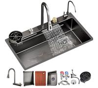 Black Stainless Steel Kitchen Sink - Top Mount Waterfall Design Single Bowl with Pull-Out Faucet Drain Basket & Glass Cleaning Modern Upgrade