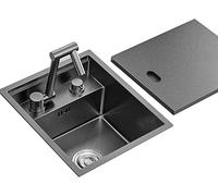 Black Stainless Steel Kitchen Sink with lid, Foldable tap, Concealed Sink, Suitable for bar, Camper Van, Motorhome(B,32x28x23cm)