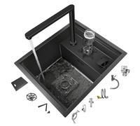Black Stainless Steel Kitchen Sink with Liftable Faucet and Cup Washer Hidden Single Bowl Sink for Home, Apartment Bar RV with Full Installation Kit(45x38x22cm(A))