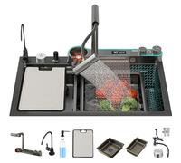 Black Stainless Steel Kitchen Sink with Waterfall Faucet Multifunctional Dual Mode Design Digital Display Includes Accessories 80x45x22CM