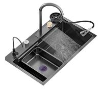 Black Stainless Steel Kitchen Sink with Waterfall Faucet Single Bowl Design Complete Accessories Included (75x45x22cm) - Modern & Stylish Upgrade for Your Kitchen.