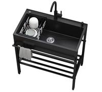 Black Stainless Steel Sink,Free Standing Outdoor Kitchen Sink,Commercial Restaurant Sink,Single Bowl Station Utility Sinks with Drainer Unit and Tap set,for Laundry Room Backyard Garage Bar(60x45x86cm