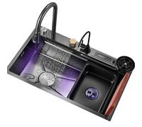 Black Stainless Steel Sink with Waterfall Faucet Kitchen Sink Single Bowl Sink with Cup Washer Left Side Drain Accessories Included (Size : 68x46x22cm)