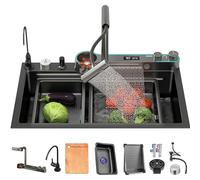 Black Stainless Steel Waterfall Kitchen Sink with Digital Display Dual Mode Faucet & Accessories Multifunctional Sink (68x45x22CM) for Modern Kitchens