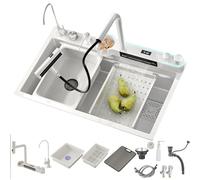 Black Stainless Steel Waterfall Kitchen Sink with Digital Display Multifunctional Dual Mode Faucet & Accessories - 75x45x22CM Ideal for Contemporary Kitchens