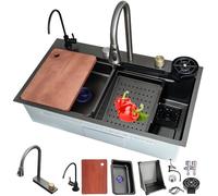 Black Stainless Steel Waterfall Sink - Single Bowl Workstation with Pull-Out Faucet Nano Coating Siphon Overflow & Drain Set - Modern Kitchen Bar Essential