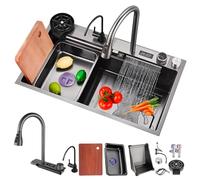 Black Stainless Steel Waterfall Workstation Sink with Pull-Out Faucet Nano Coating Single Bowl Top-Mount Includes Siphon Overflow & Drain Set - Modern Bar & Kitchen Upgrade