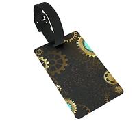 Black Steampunk Background with Gold Brass Gears and Blue Lenses 2 Pcs Luggage Tags, Privacy Cover ID Label Loop and Address Card for Travel Bag Suitcase