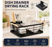 Black Steel Dish Drainer Rack with Drip Tray Cutlery Holder Plate Rack Kitchen Sink