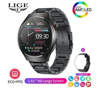 (black, Steel strap) LIGE New Men Smart Watch ECG+PPG Temperature Detection Heart Rate Health Tracking Smart Bracelet AMOLED 1.43” Full Touch Bluetooth Smart Watch