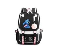 (Black) Stitch Students Backpack Boys Girls Outdoor Cartoon Daypack With USB Charge Port