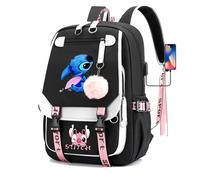 (Black) Stitch Students Backpack Boys Girls Outdoor Cartoon Daypack With Usb Charge Port