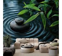 Black Stone Green Leaves Photo Mural - 350 x 256 cm Non-Woven Premium Fleece Wall Mural - High Definition Art Print Teen Bedroom Game Room Decoration Environmental Friendly Photo Wallpaper