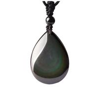 Black Stone Teardrop Pendant Necklace In Natural Rainbow Obsidian, Handcrafted Elegant Accessory For Men And Women