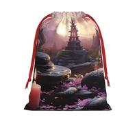 Black Stone Tower Pink Flower Super Soft Velvet Gift Bag with Drawstring Pouch, Full Printed Holiday Storage Bag for Christmas & Daily Storage