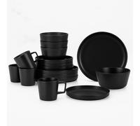 Black Stoneware Dinner Set 16-Piece, Rustic Black Dinnerware, Banquet Event Serving, Warm Inviting Dining Atmosphere, 8 Plates, 4 Mug Cups 380ml, 4 Bowls