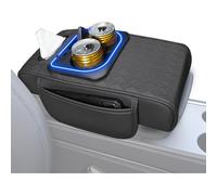 (Black) Storage box for car armrest, LED armrest organiser with storage compartment for car, centre console with drinks and tissue holder, front seat storage