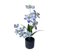 Black Striped Ceramic-Style Pot with 9 Artificial Jasmine Flowers for Tabletop Living Room Wedding and Event Decoration Applications (Blue)