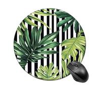 Black Stripes And Green Palm Leaves Mousepad Round Computer Mousepad Waterproof Gaming Mousepads with Non-Slip Rubber Base Mousepads Mousemat for Laptop Office 20 CM