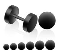 Black Stud Earrings - 12Pcs Stainless Steel Men's Earrings - Dot, Flat Top, Round Screw Barbell - 6 Sizes 3mm-10mm