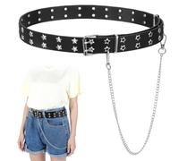 Black Studded Belt, Star Punk Rock Star Studded Leather Belt with Grommet Threads Bright Metal Pyramid for Women Men