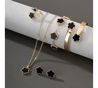 (black) Stylish 5 Piece Lucky Clover Jewelry Set - Necklace, Earrings, Ring, Bracelet & Bangle - Zinc Alloy, Perfect For Casual Wear Or As A Gift!