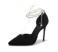 Black Suede High Heels Pointed Toe 7cm/9cm Stiletto Heels Pearls Buckle Straps All-Match Women's Shoes an Elegant Female Gift