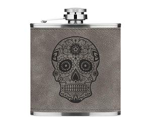 Black Sugar Candy Skull 6oz PU Leather Hip Flask Grey Luxe
