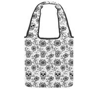 Black Sugar Skull Flower Reversible Canvas Shoulder Tote - Double-Sided Print, 12oz Cotton, 27cm Drop, Fold-Flat Bag for Travel, Shopping, Street Outings