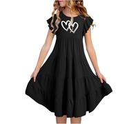 Black Summer Sleeveless Dress Girls 2025 Summer Boho Sun Dress Short Sleeved Solid Heatrt Print Princess T Shirt Dresses Casual Ruffled Pockets School Dresses Age 6-15 Years (b-Black, 14-15 Years)