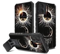 Black Sun and Moon Case for Samsung Galaxy A06 5G, Foldable Kickstand & Hidden Camera Cover, Shockproof Anti-Scratch Slim Full Body Protective Cover for Astrology Fans, Spiritual Teens, Women