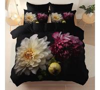 Black-Super King Bedding 3Pcs Comfortable and breathable Printed duvet cover, Brushed Microfiber Perfect for any room Photography Dark Peonies Chrysanthemums theme Bedding 260 x 220 cm