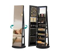 (Black Surface, Black Lining) 6 LEDs Mirror Jewellery Cabinet,Lockable, Free-Standing Frameless Full-Length Mirror with Storage,Black Surface