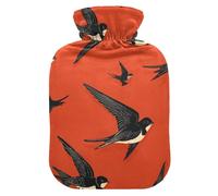 Black Swallow Red Pattern Retro hot Waterbottle with Soft Cover, 1L hot compresses for The Body for Tummy Warmer,Sore Muscle,Bolsa Caliente para Dolores musculares