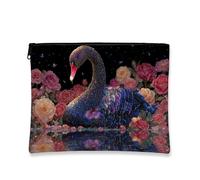 Black Swan Cosmetic Bag, Iridescent Romantic Floral Makeup Pouch for Women, Portable Small Canvas Zipper Travel Organizer, Spring Festival Gift Toiletry Bag, black, 7x9 Inch, Swan